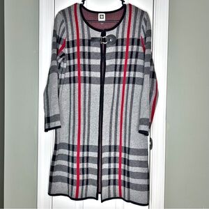 Anne Klein Gray Red Plaid Open Front Long Cardigan Cape